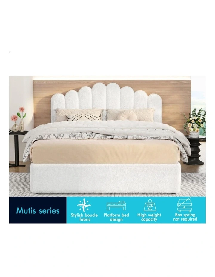 Bed Frame Queen Size Gas Lift Storage Base Wooden Boucle White MUTIS image 2