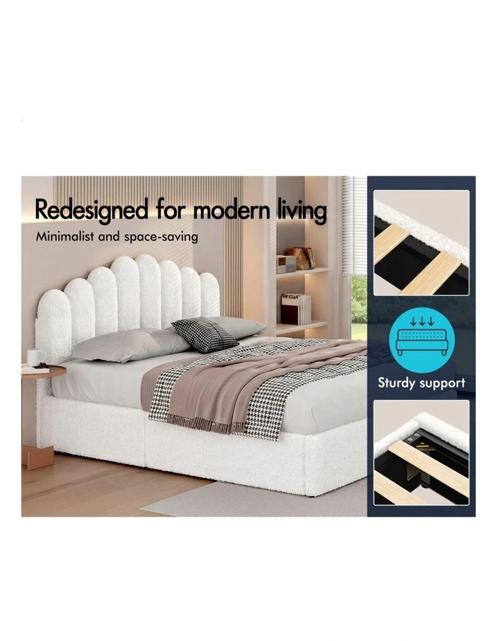 Bed Frame Queen Size Gas Lift Storage Base Wooden Boucle White MUTIS image 6