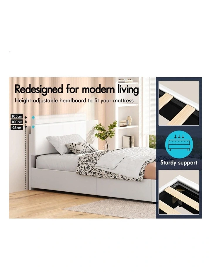 Bed Frame Single Gas Lift Storage Adjustable Headboard White LURIA image 4