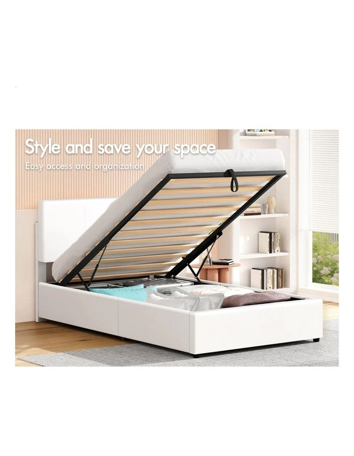 Bed Frame Single Gas Lift Storage Adjustable Headboard White LURIA image 7