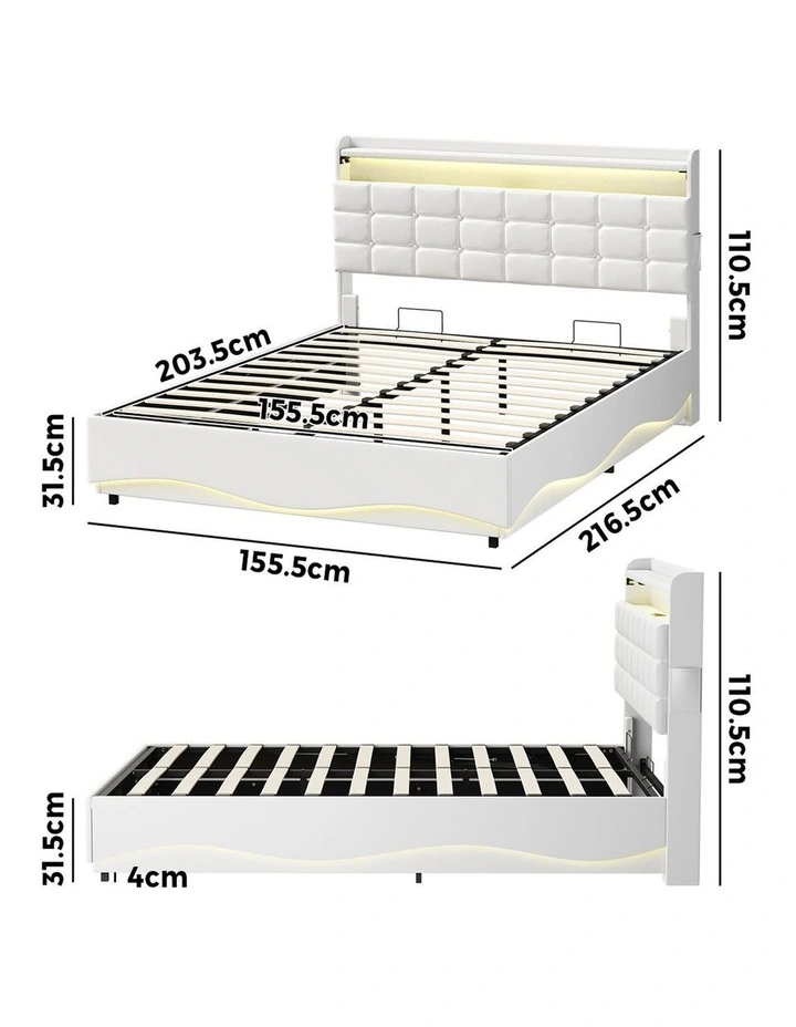 Oikiture Bed Frame Queen Size Gas Lift Storage With LED Light USB Charging image 3