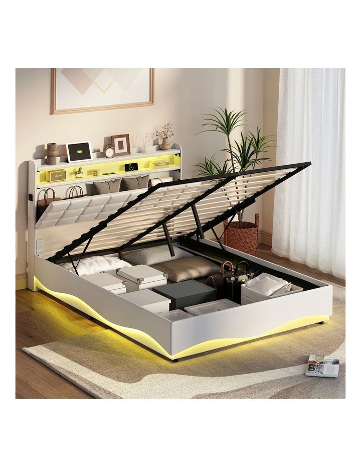 Oikiture Bed Frame Queen Size Gas Lift Storage With LED Light USB Charging image 5