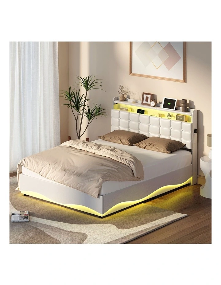 Oikiture Bed Frame Queen Size Gas Lift Storage With LED Light USB Charging image 7