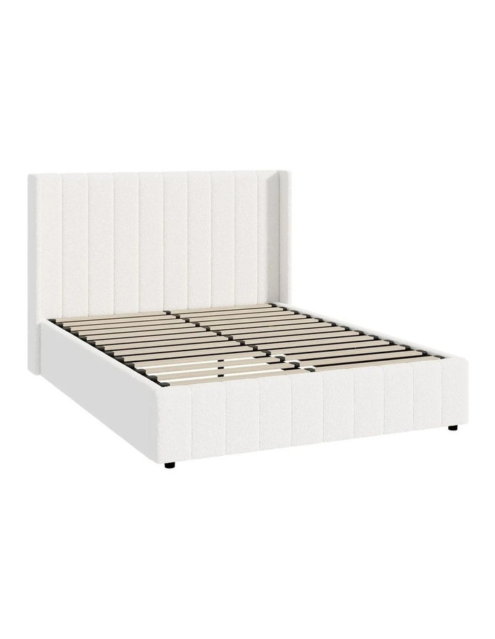 Oikiture Bed Frame Double Size Gas Lift Base with Storage Boucle Fabric White image 1