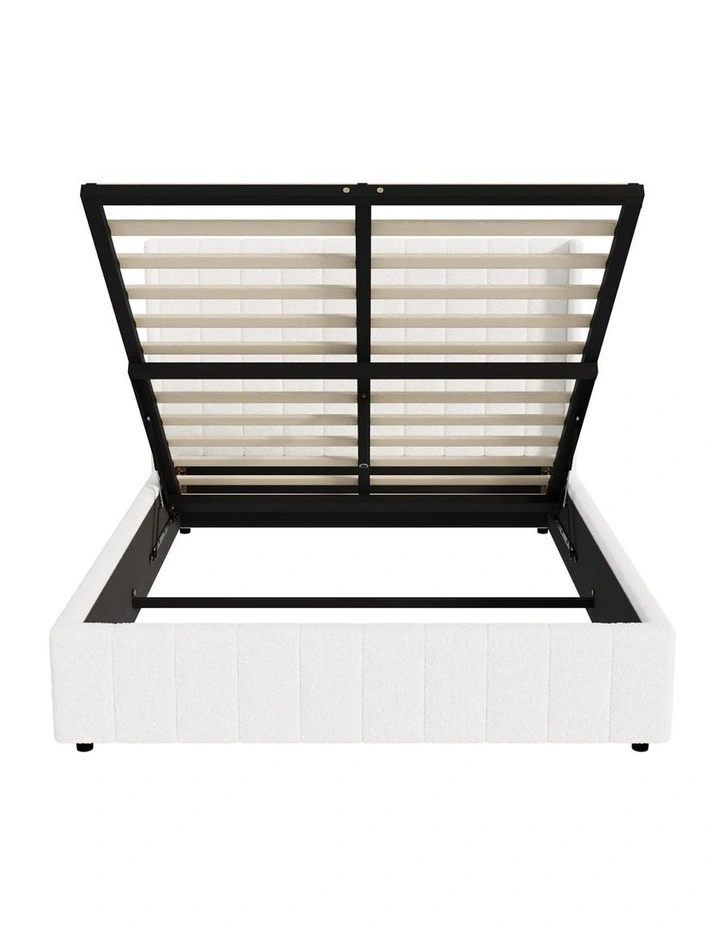 Oikiture Bed Frame Double Size Gas Lift Base with Storage Boucle Fabric White image 2