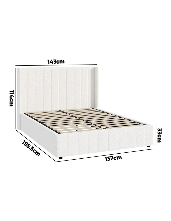 Oikiture Bed Frame Double Size Gas Lift Base with Storage Boucle Fabric White image 3