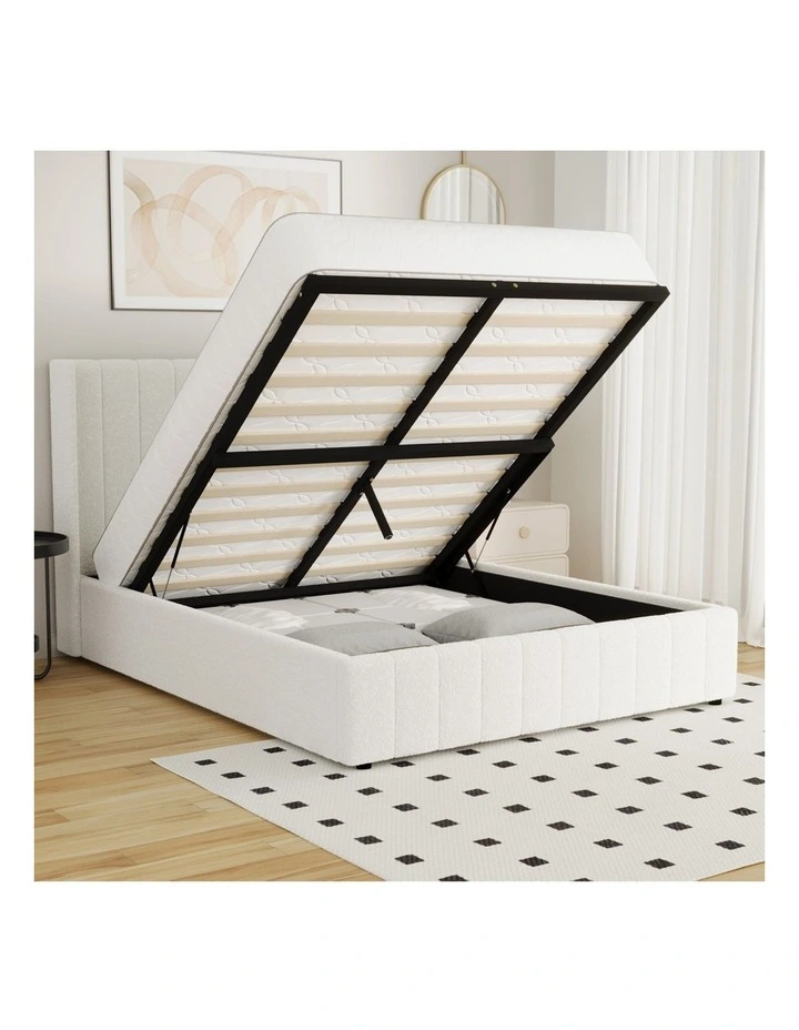 Oikiture Bed Frame Double Size Gas Lift Base with Storage Boucle Fabric White image 5
