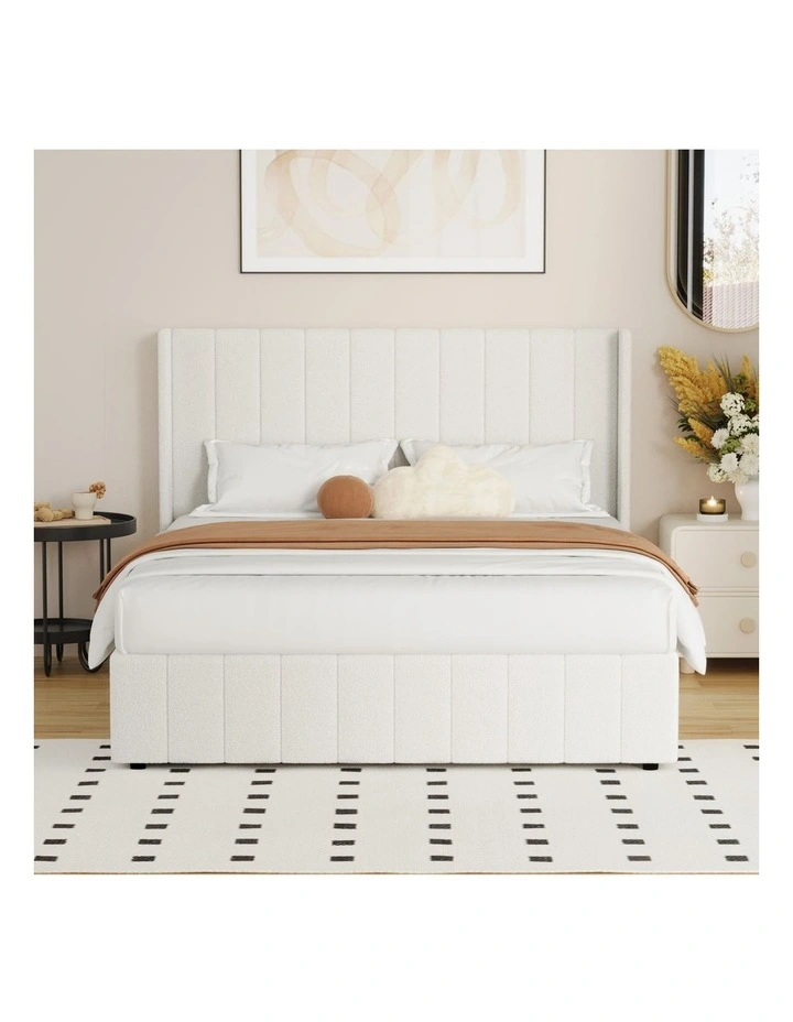 Oikiture Bed Frame Double Size Gas Lift Base with Storage Boucle Fabric White image 6