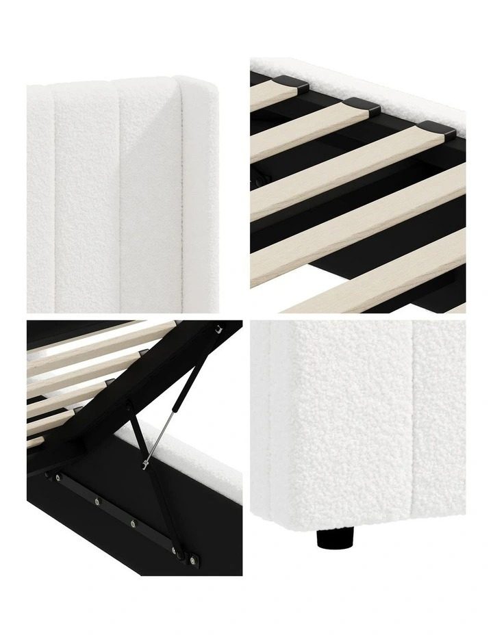 Oikiture Bed Frame Double Size Gas Lift Base with Storage Boucle Fabric White image 7