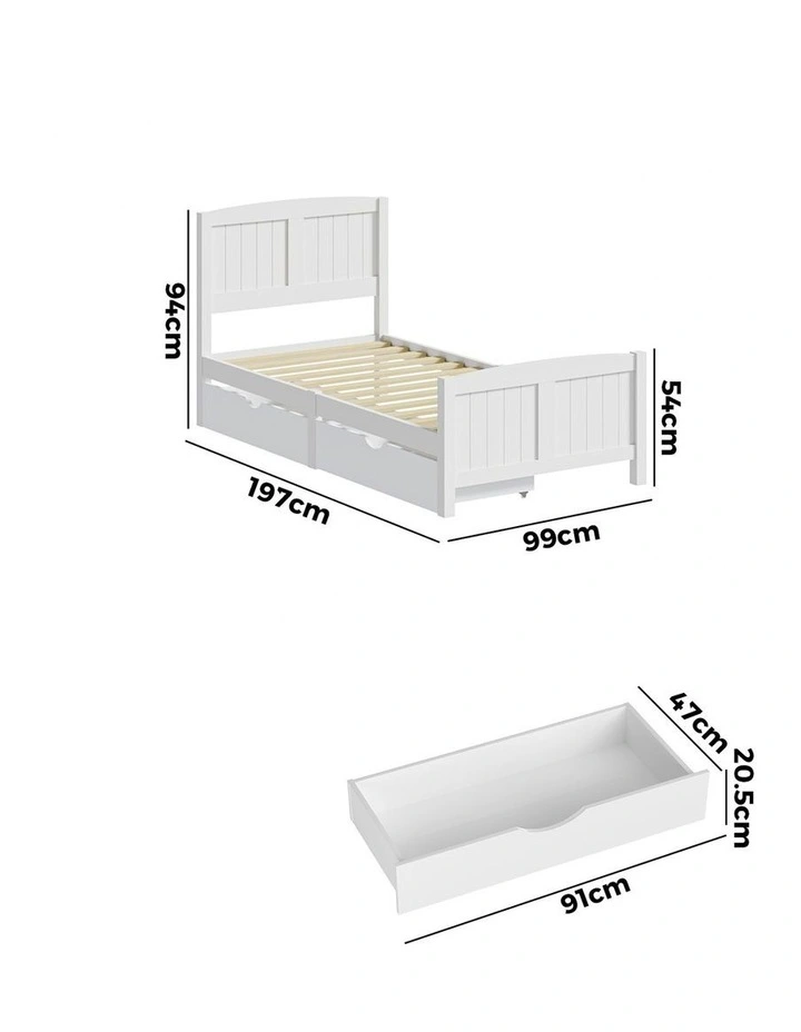 Oikiture Wooden Bed Frame Single Size Base with Trundle Storage Drawers White image 3