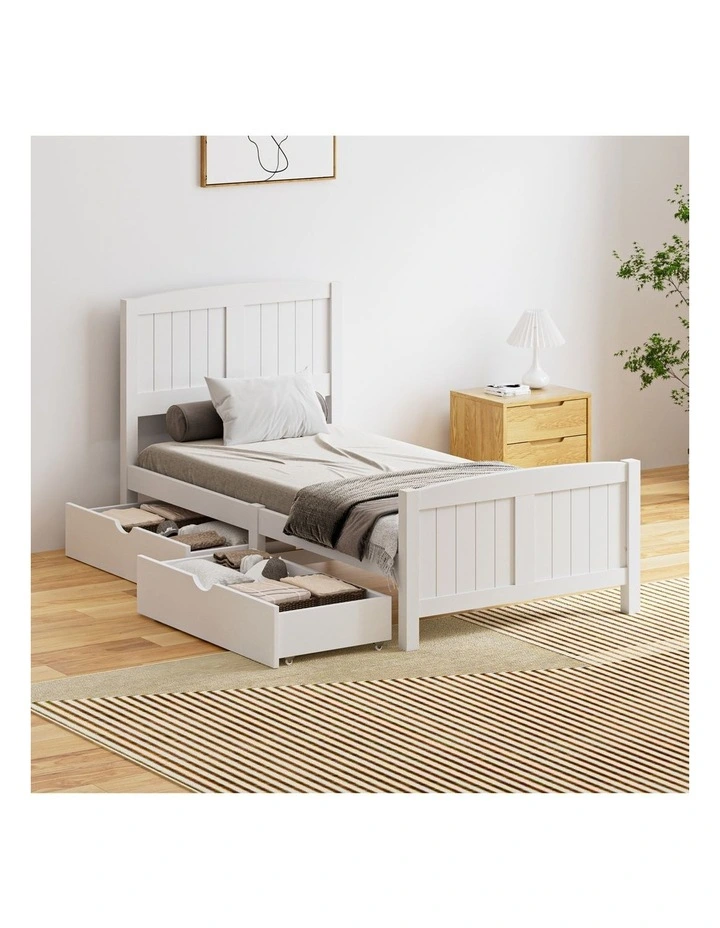 Oikiture Wooden Bed Frame Single Size Base with Trundle Storage Drawers White image 4