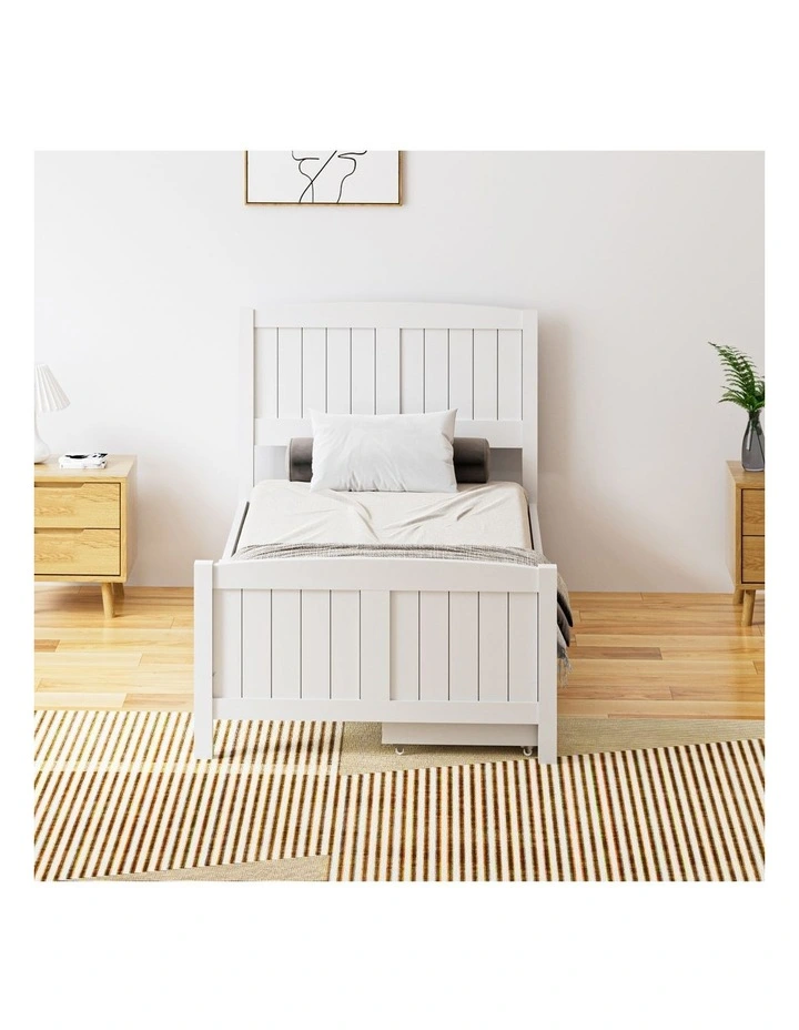 Oikiture Wooden Bed Frame Single Size Base with Trundle Storage Drawers White image 5