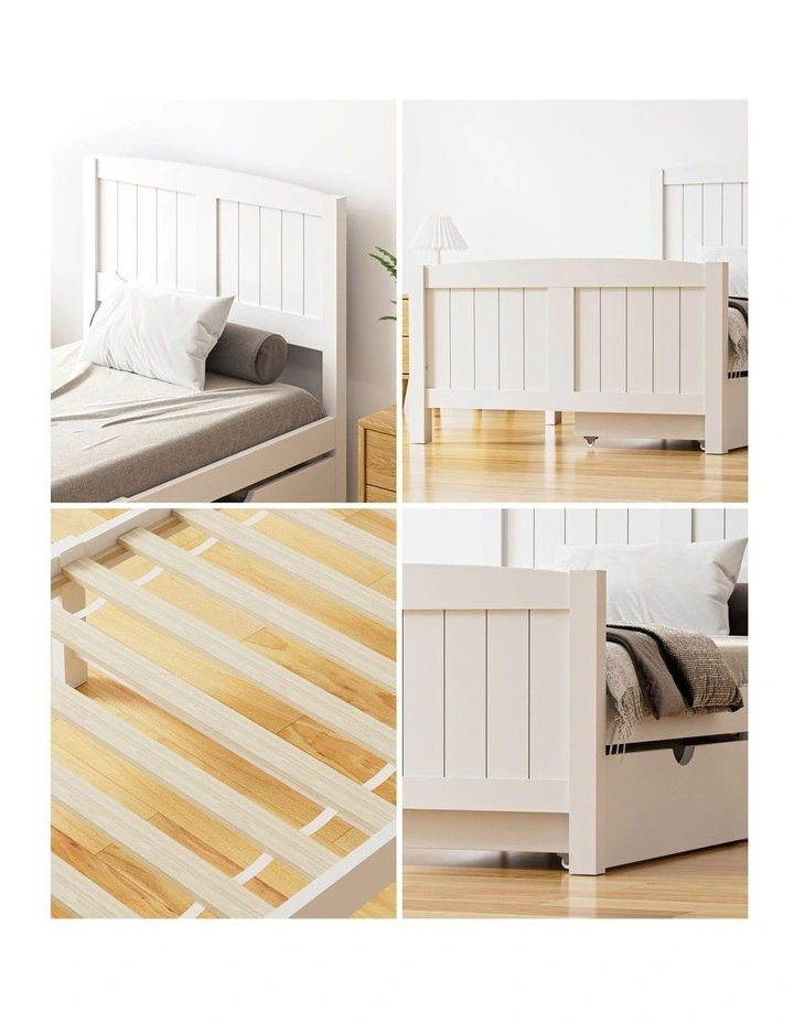 Oikiture Wooden Bed Frame Single Size Base with Trundle Storage Drawers White image 7
