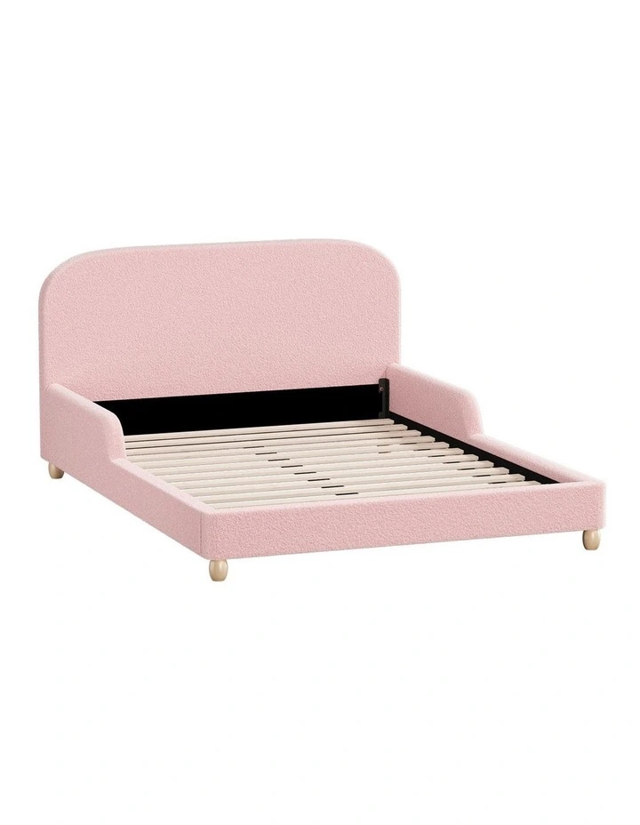 Oikiture Kids Bed Frame Double Side Guard Rails Boucle Pink image 1