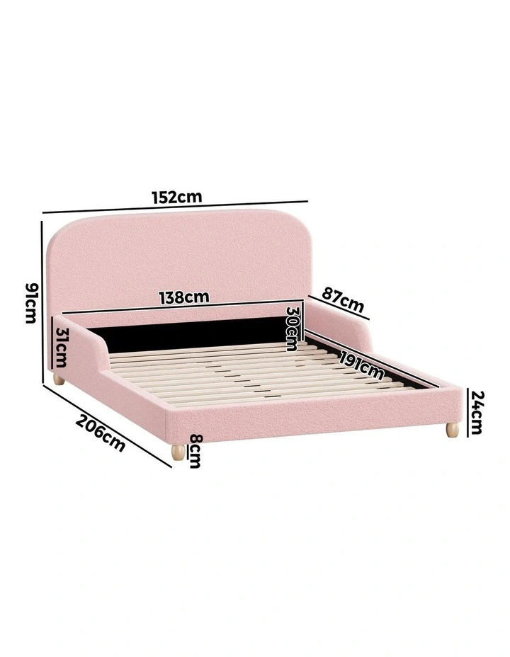 Oikiture Kids Bed Frame Double Side Guard Rails Boucle Pink image 3