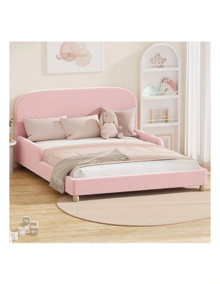 Oikiture Kids Bed Frame Double Side Guard Rails Boucle Pink image 4