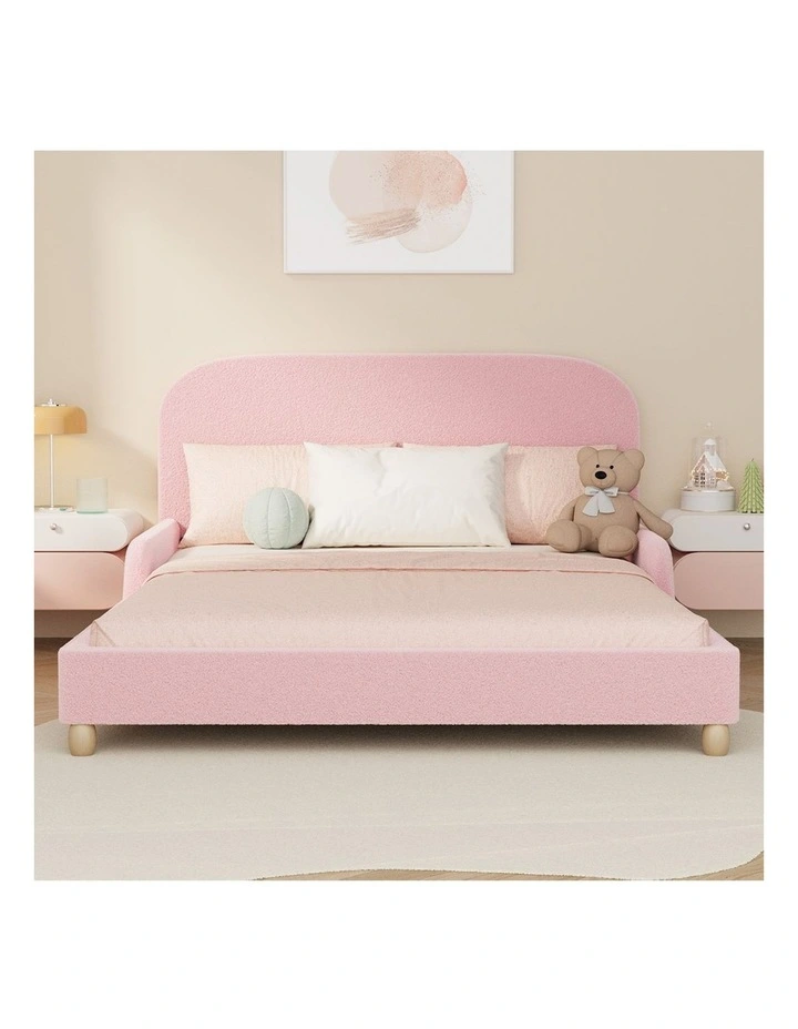 Oikiture Kids Bed Frame Double Side Guard Rails Boucle Pink image 5