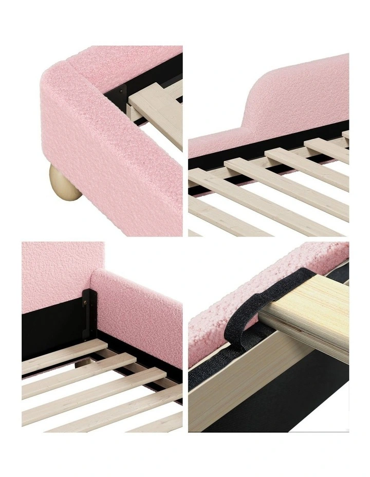 Oikiture Kids Bed Frame Double Side Guard Rails Boucle Pink image 7