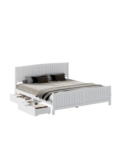 Oikiture Wooden Bed Frame King Size Base with Trundle Storage Drawers White
