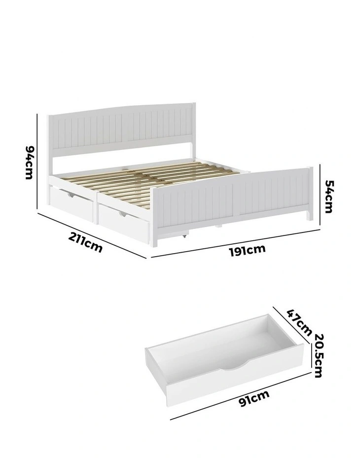 Oikiture Wooden Bed Frame King Size Base with Trundle Storage Drawers White image 3