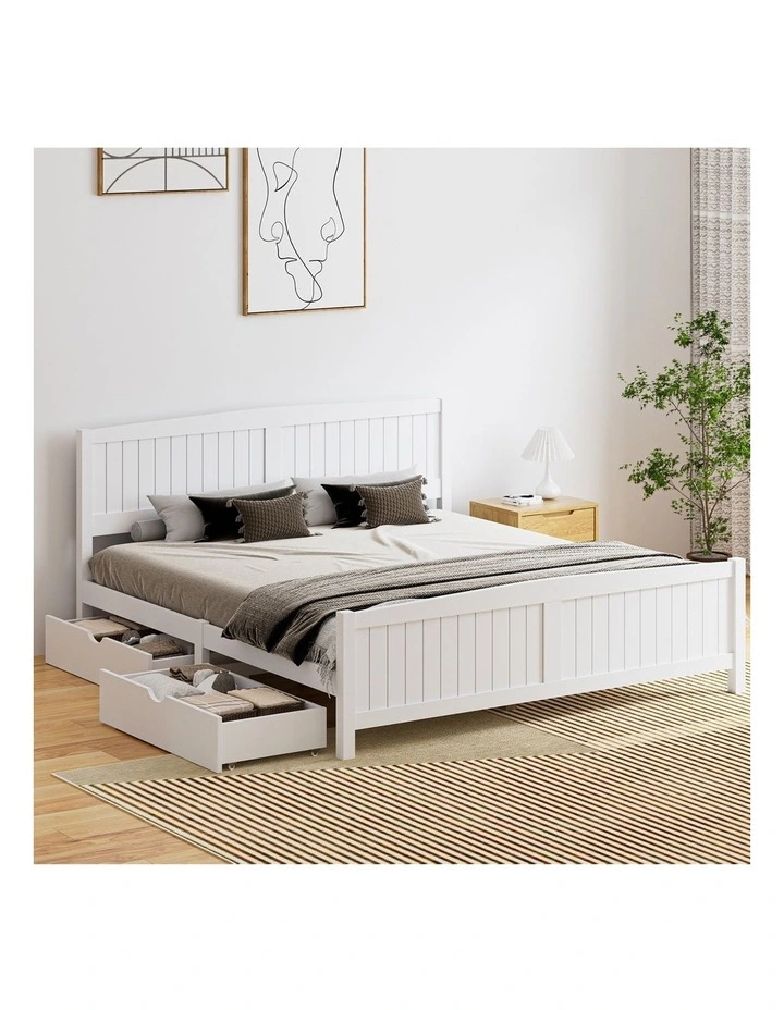 Oikiture Wooden Bed Frame King Size Base with Trundle Storage Drawers White image 4