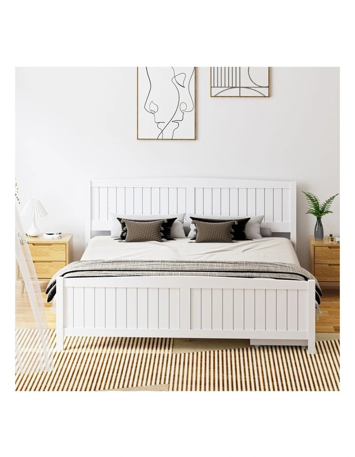 Oikiture Wooden Bed Frame King Size Base with Trundle Storage Drawers White image 5