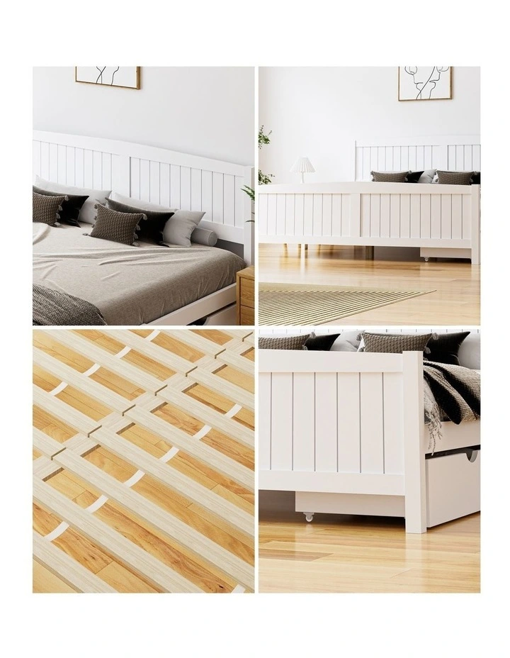 Oikiture Wooden Bed Frame King Size Base with Trundle Storage Drawers White image 7