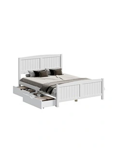 Oikiture Wooden Bed Frame Double Size Base with Trundle Storage Drawers White