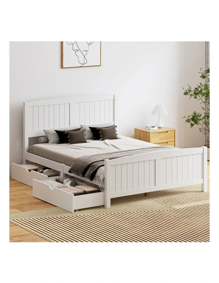 Oikiture Wooden Bed Frame Double Size Base with Trundle Storage Drawers White image 4
