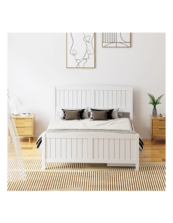 Oikiture Wooden Bed Frame Double Size Base with Trundle Storage Drawers White image 5