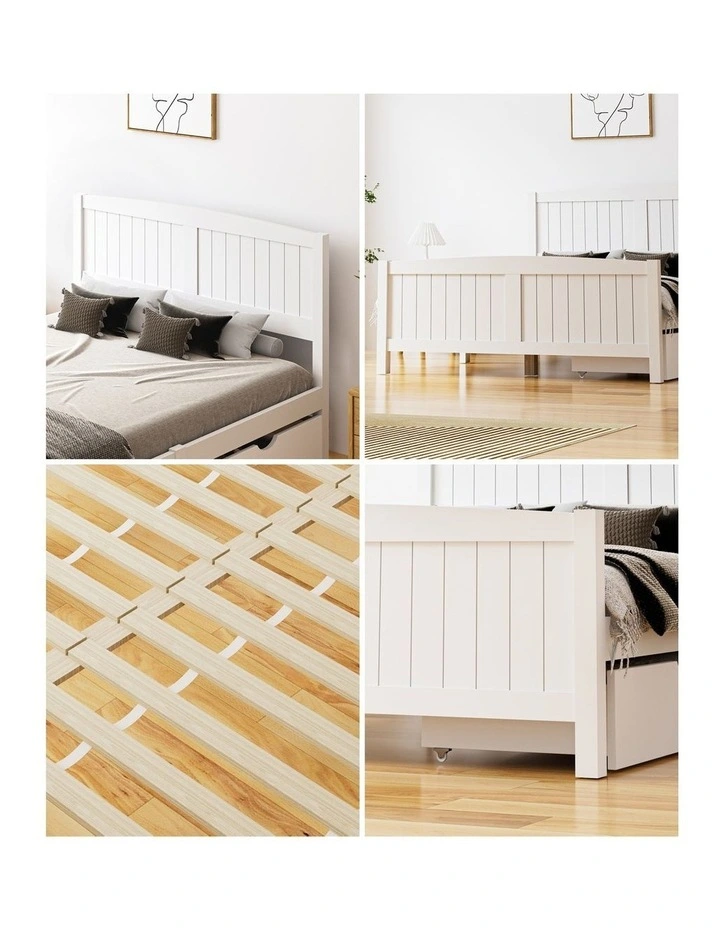 Oikiture Wooden Bed Frame Double Size Base with Trundle Storage Drawers White image 7