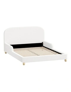 Oikiture Kids Bed Frame Double Size Base with Side Guard Rails Boucle White