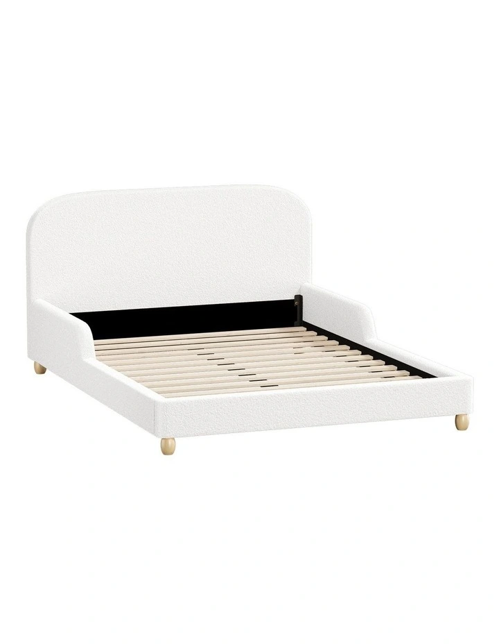 Oikiture Kids Bed Frame Double Size Base with Side Guard Rails Boucle White image 1
