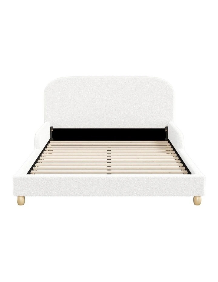 Oikiture Kids Bed Frame Double Size Base with Side Guard Rails Boucle White image 2