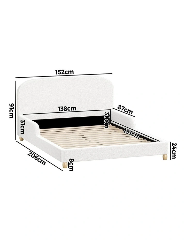 Oikiture Kids Bed Frame Double Size Base with Side Guard Rails Boucle White image 3