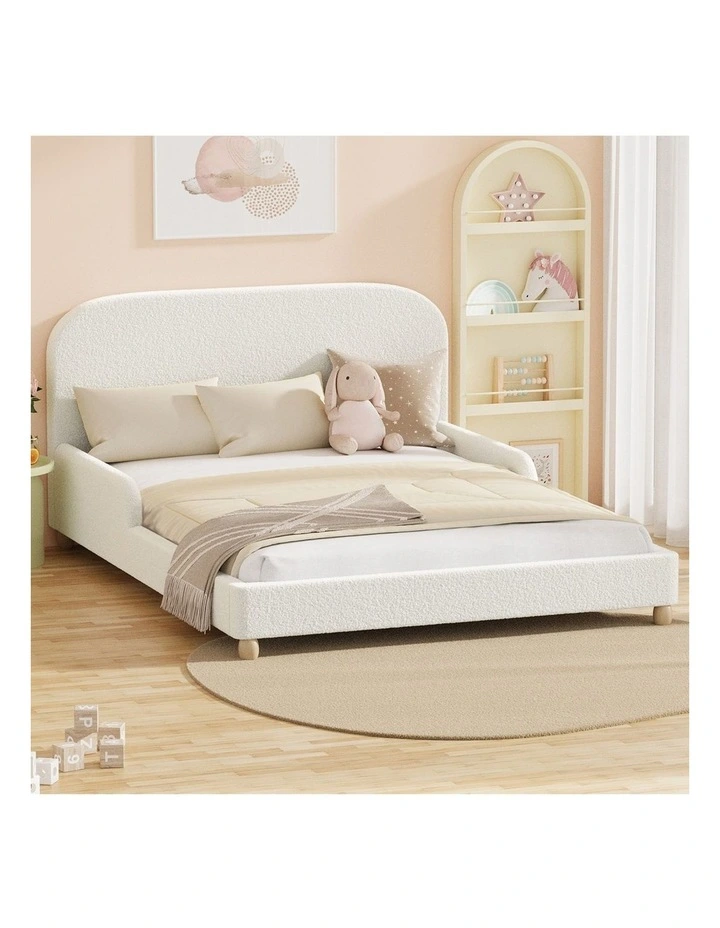 Oikiture Kids Bed Frame Double Size Base with Side Guard Rails Boucle White image 4