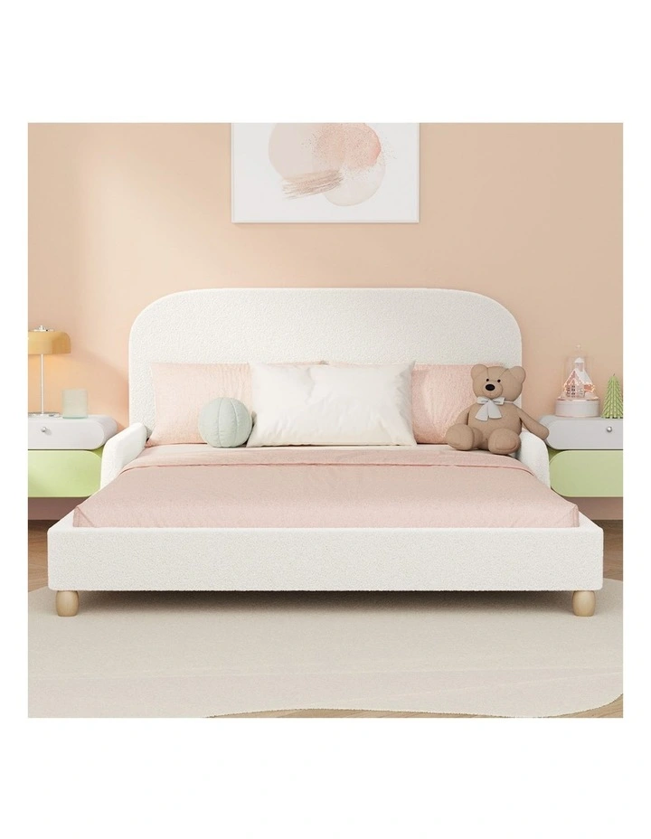Oikiture Kids Bed Frame Double Size Base with Side Guard Rails Boucle White image 5