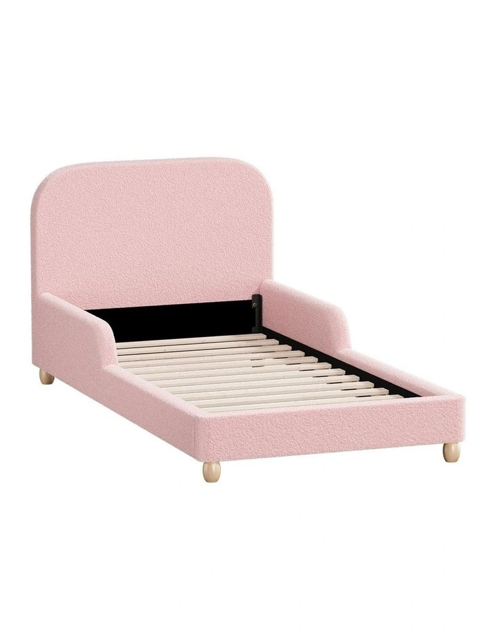 Oikiture Kids Bed Frame Single Side Guard Rails Boucle Pink image 1