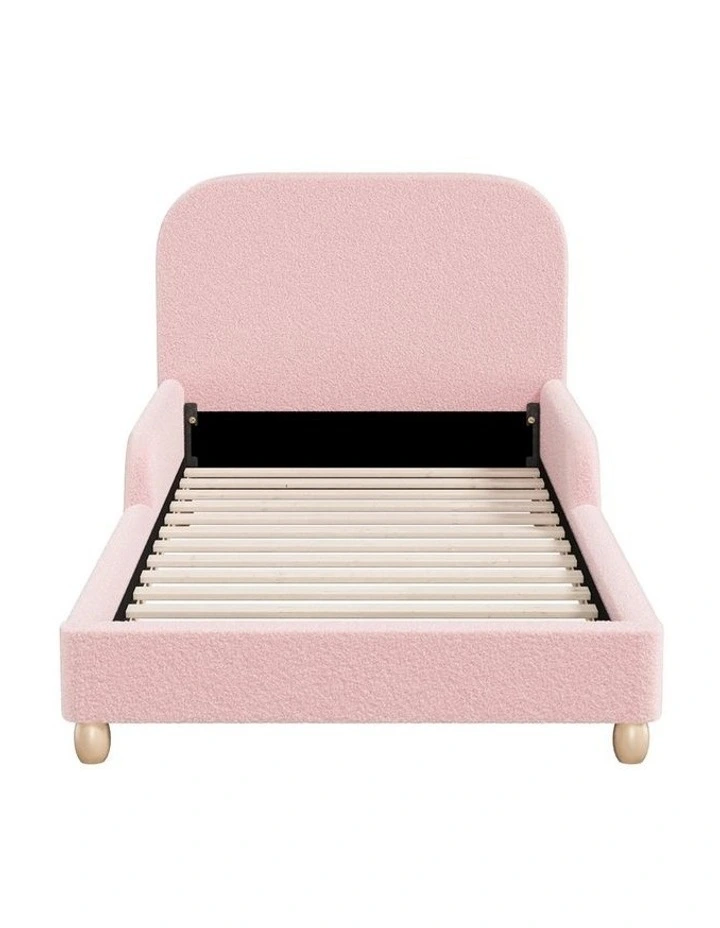 Oikiture Kids Bed Frame Single Side Guard Rails Boucle Pink image 2