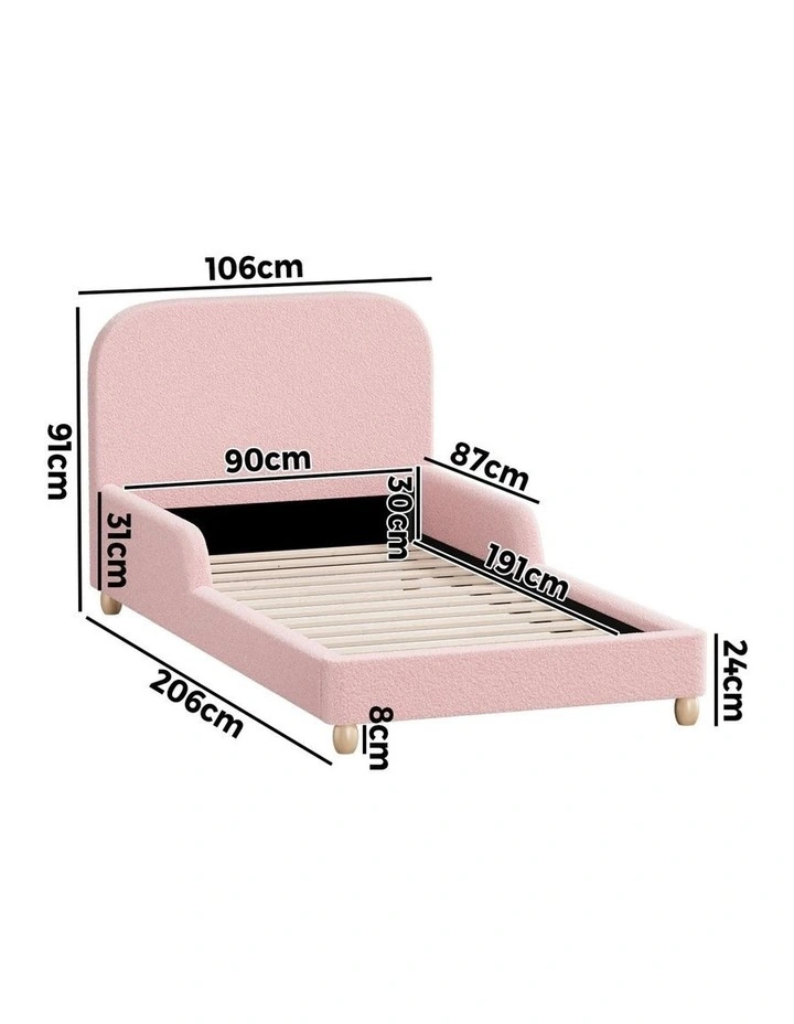 Oikiture Kids Bed Frame Single Side Guard Rails Boucle Pink image 3