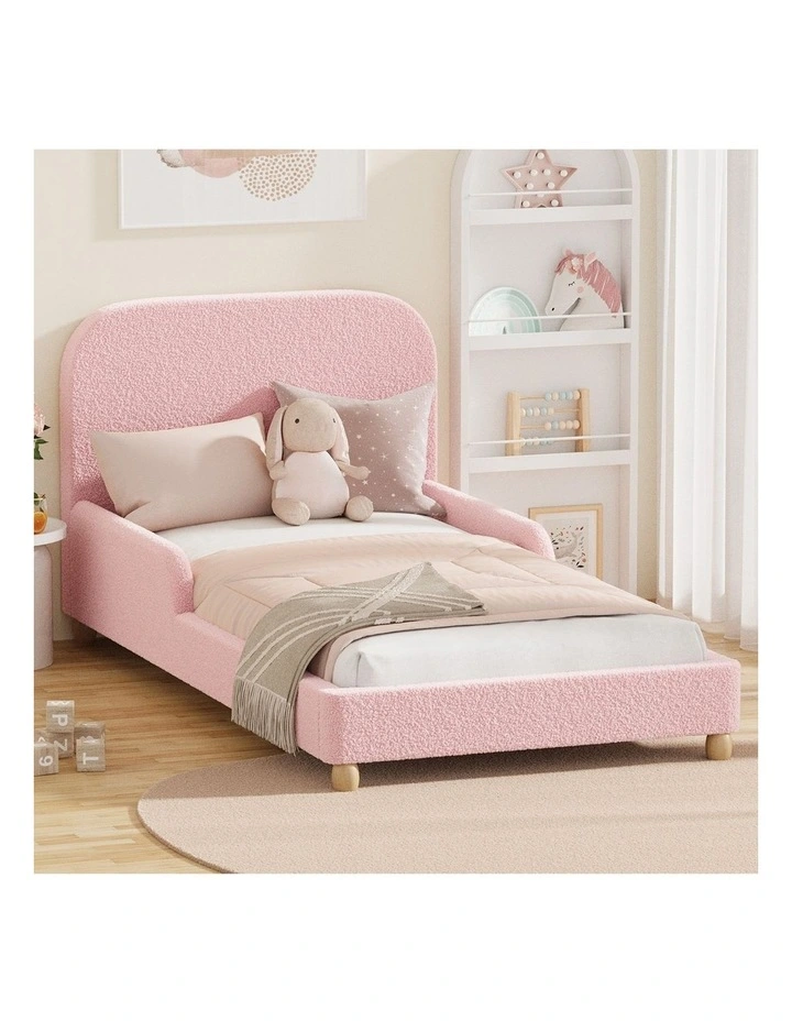 Oikiture Kids Bed Frame Single Side Guard Rails Boucle Pink image 4