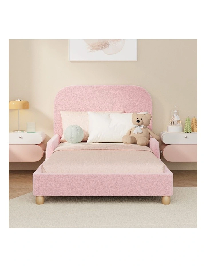 Oikiture Kids Bed Frame Single Side Guard Rails Boucle Pink image 5