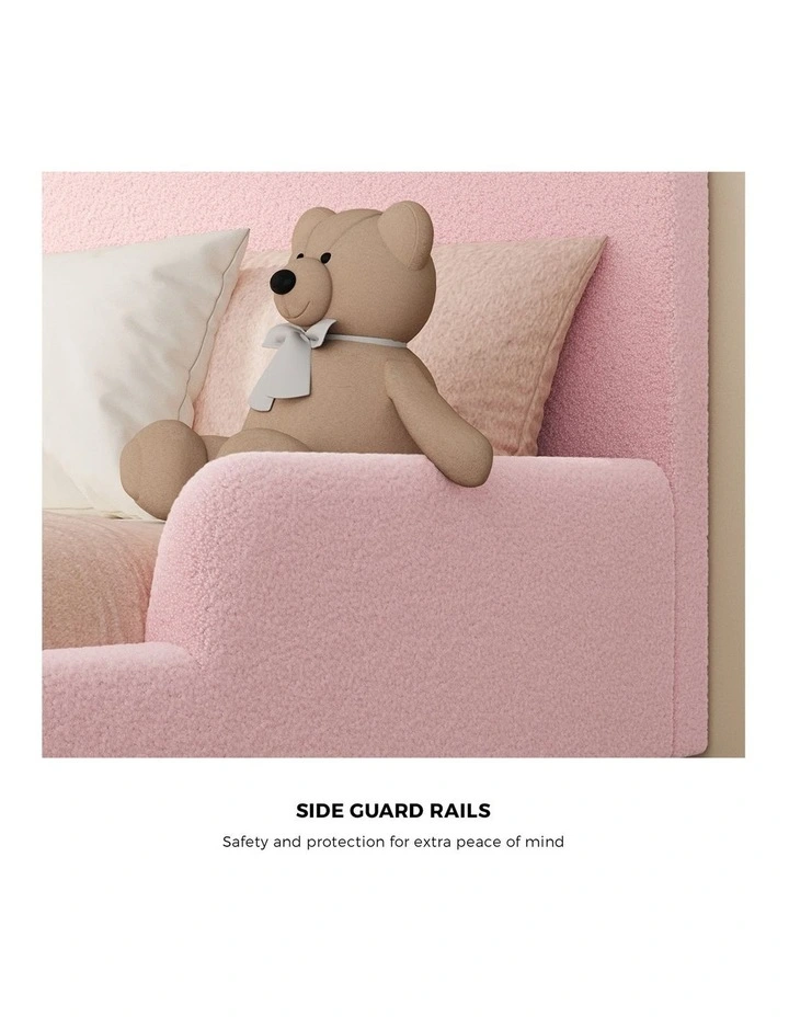 Oikiture Kids Bed Frame Single Side Guard Rails Boucle Pink image 6