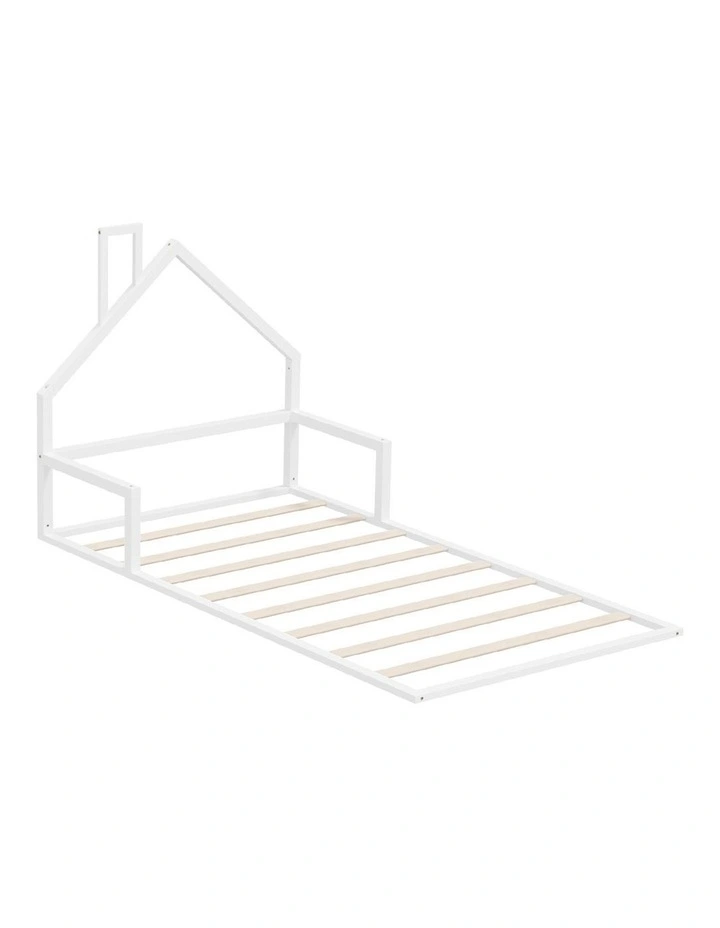 Oikiture Wooden Kids Bed Frame Floor Beds Chimney Platform King Single White image 1