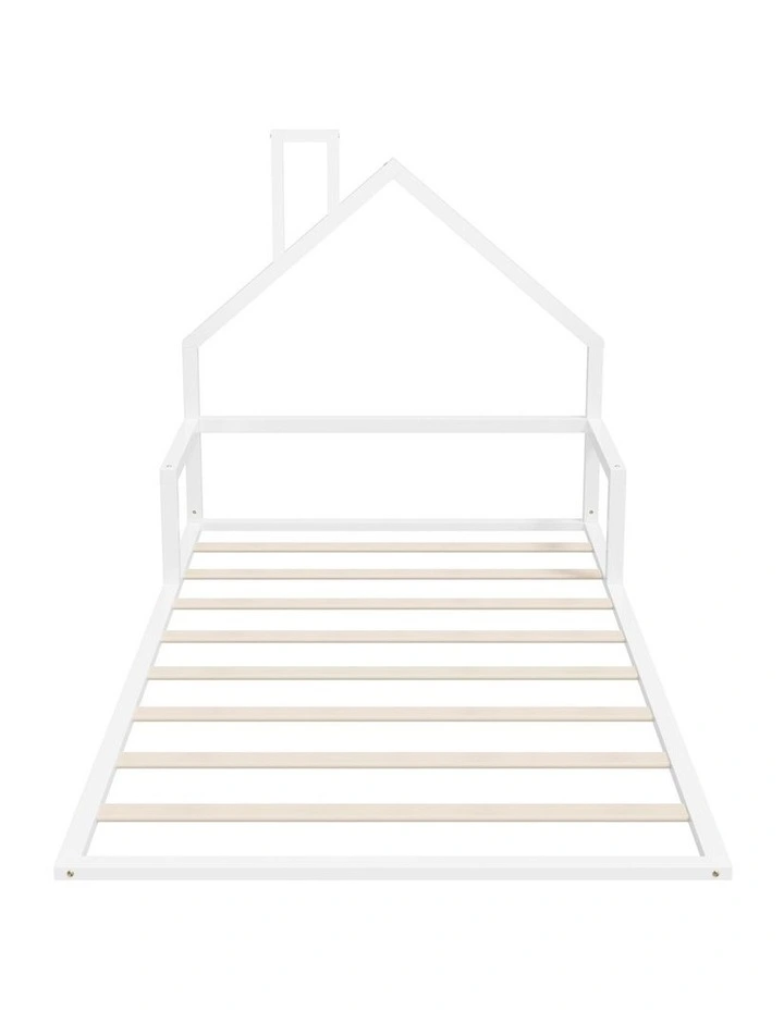 Oikiture Wooden Kids Bed Frame Floor Beds Chimney Platform King Single White image 2