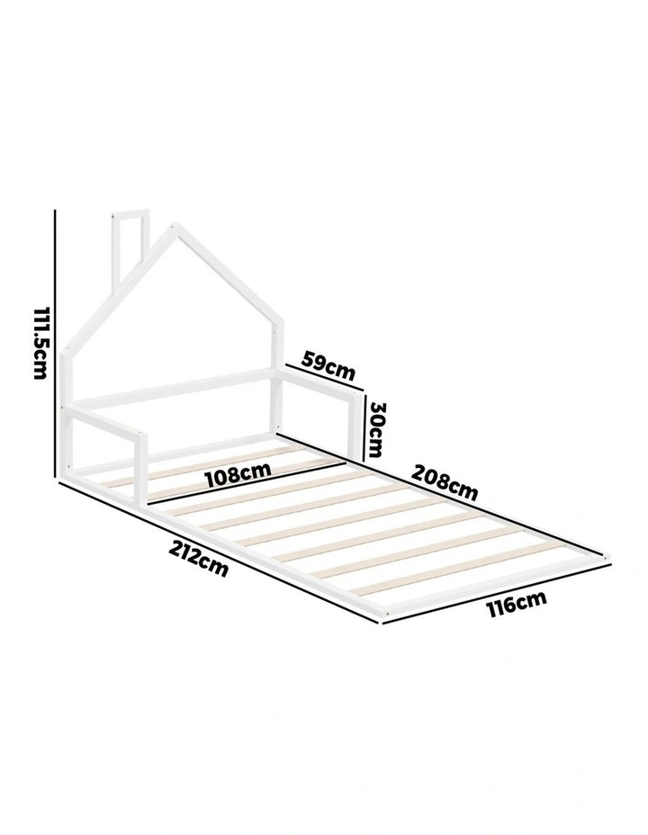 Oikiture Wooden Kids Bed Frame Floor Beds Chimney Platform King Single White image 3