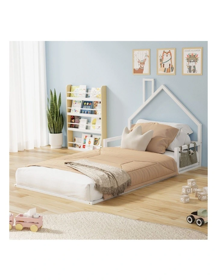 Oikiture Wooden Kids Bed Frame Floor Beds Chimney Platform King Single White image 4