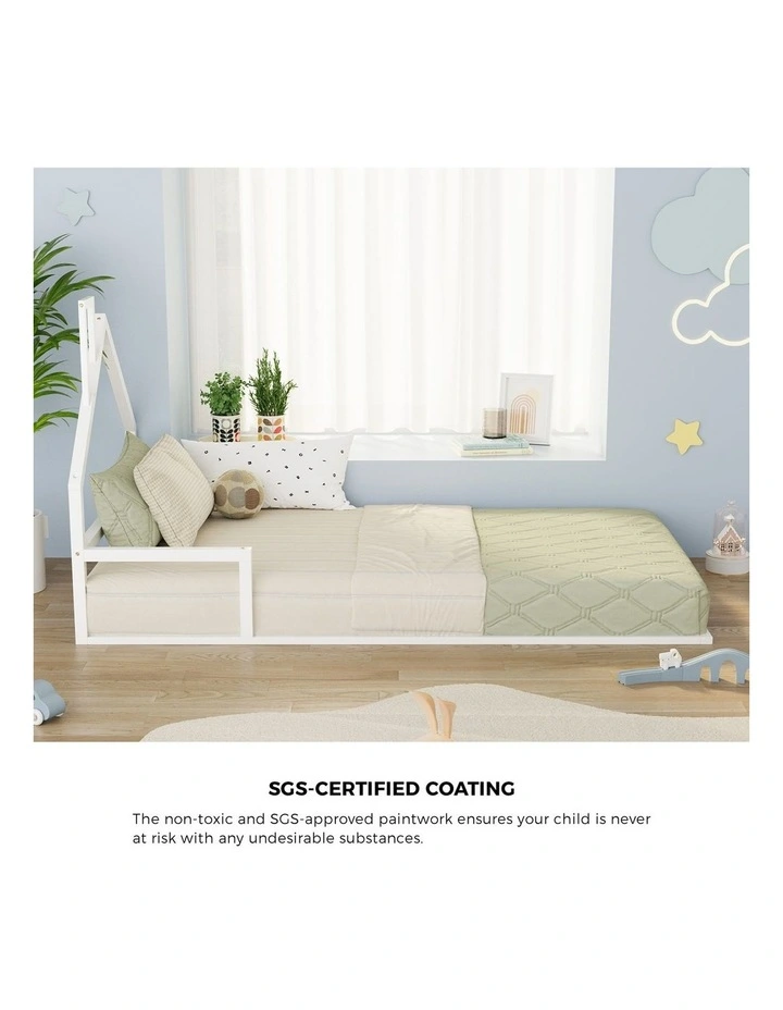 Oikiture Wooden Kids Bed Frame Floor Beds Chimney Platform King Single White image 5