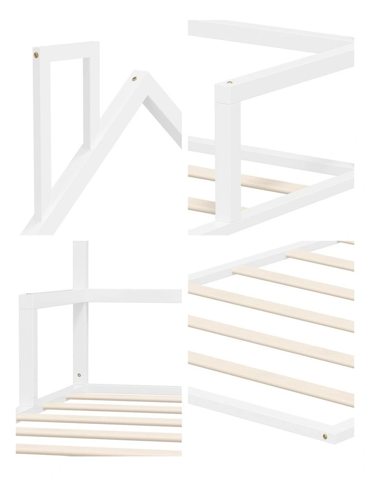 Oikiture Wooden Kids Bed Frame Floor Beds Chimney Platform King Single White image 6