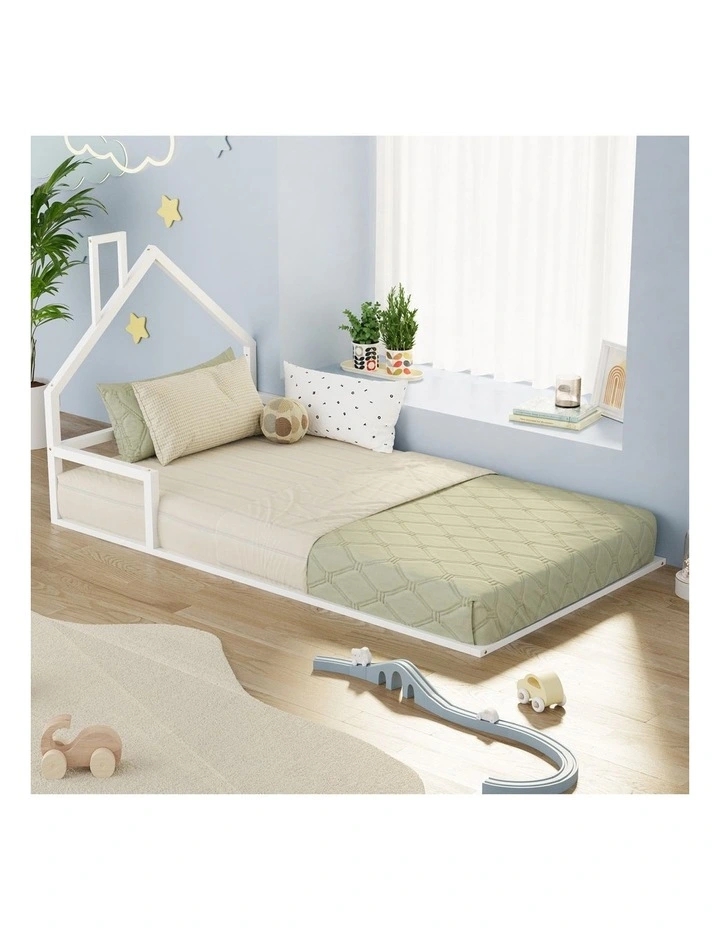 Oikiture Wooden Kids Bed Frame Floor Beds Chimney Platform King Single White image 7